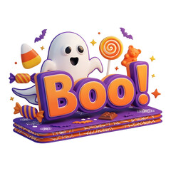 Boo halloween illustration with ghost, candy, and bats isolated on transparent background