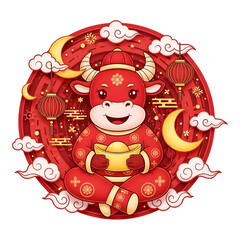 Cute cartoon ox holding gold ingot isolated on transparent background