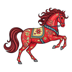 Red horse with floral ornament isolated on transparent background