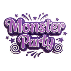 Monster party text with stars and swirls isolated on transparent background