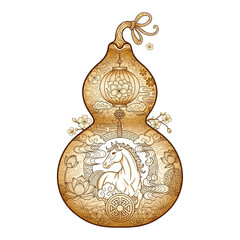 Chinese gourd with horse, lantern, and cloud isolated on transparent background