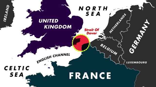 4K Map Animation Of Strait Of Dover With Rotating Yellow Dotted Circle And Red Blinking Highlight Showing Strategic Maritime Route And Labeled Seas