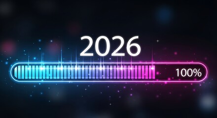 Progress bar reaching for the year 2026, symbolizing completion, achievement, and the successful arrival of the new year