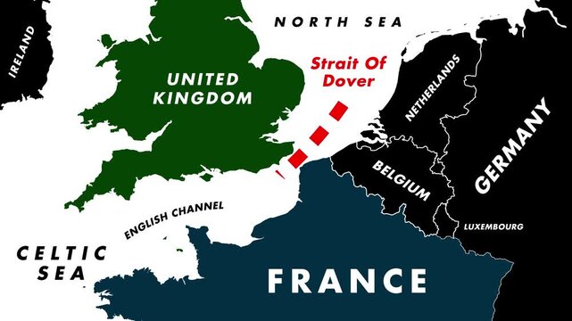 4K Map Animation Of Strait Of Dover With Forward Moving Red Dotted Line Showing Key Maritime Route And Global Trade Connection On Labeled Sea Map