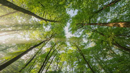Green Forest Trees Viewed from Below with Sunlight – Nature Background and Ecology Concept