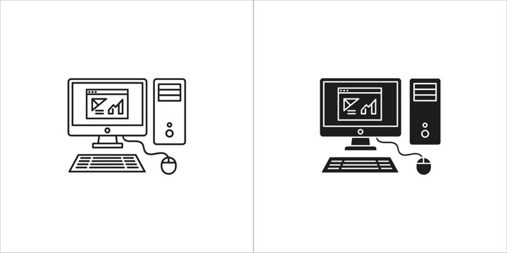Desktop computer set icon in outline and solid style
