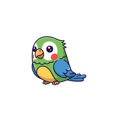 Adorable cartoon parrot with green, blue, and yellow plumage and rosy cheeks