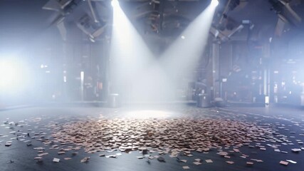 Rose gold confetti falling and scattered on a dark stage floor illuminated by bright spotlights in a smoky atmosphere - Powered by Adobe