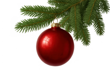 Red christmas ornament hanging on a green spruce branch, decorating for holiday season with a festive atmosphere