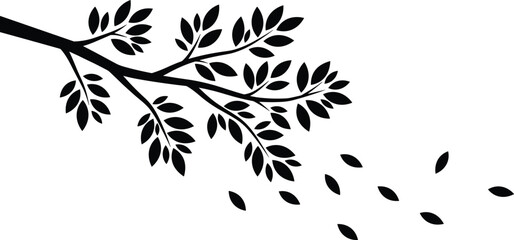 Black silhouette of a tree branch with falling leaves, illustrating autumn, season change, wind, nature, and ecology, an isolated vector graphic design element.
