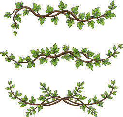 Set of three decorative green vine or branch borders with fresh leaves, illustrating natural growth, spring, ecology, and organic design elements, isolated vector. © Shihab Creative