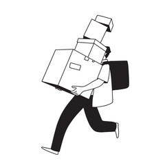 Delivery courier running with boxes black white line illustration. Vector illustration