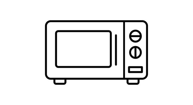 Minimal black-outline microwave icon &mdash; editable vector of kitchen appliance with handle and control knobs. (Alt: Minimal microwave line icon, editable vector)