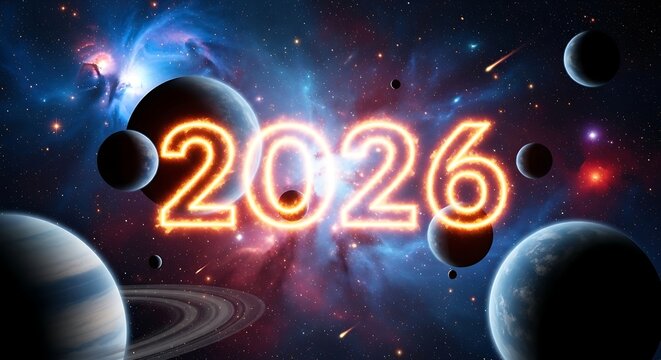 Cosmic anticipation for 2026, with glowing numbers amidst planets and nebulae, symbolizing a bright future and celestial events on the horizon