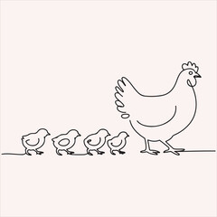 Minimalist Line Art of a Hen and Her Chicks A Simple Illustration of Family and Motherhood
