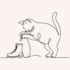 Cat's Curious Interaction A Playful Line Art Depiction of a Feline Investigating a Boot