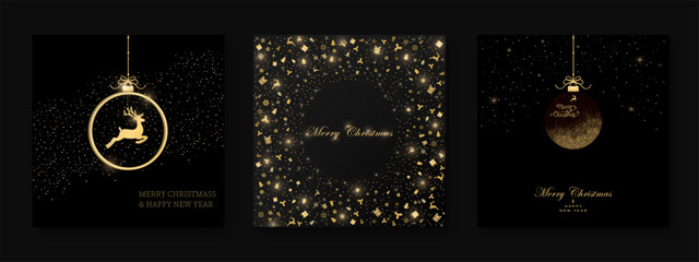 Basic Pack of festive greeting cards with Christmas  ball, dear, christmas tree on black background. Holiday pattern. Vector illustratio