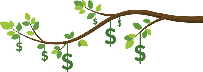 Conceptual illustration of a tree branch with dollar signs hanging from the leaves, symbolizing money, growth, investment, profit, financial success, and business concepts, isolated vector.