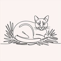 A stylized single line drawing of a cat resting amidst abstract plant forms