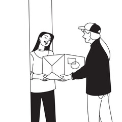 Courier woman giving box to female recipient. Vector illustration