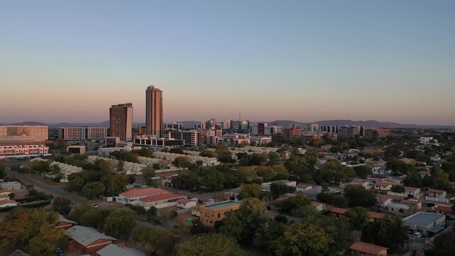 aerial view of residential and commercial neighborhood in Gaborone, capital of Botswana, sunset dawn