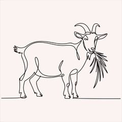 One-line illustration of a goat eating leaves, simple minimalist animal line art