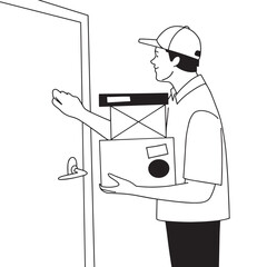 Courier knocking on door with package. Vector illustration