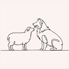 Elegant continuous line art of a sheep and a dog, symbolizing unique animal companionship and peaceful coexistence