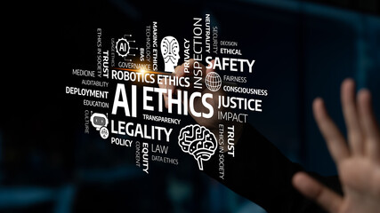 This image visually represents the key principles of AI ethics, focusing on transparency, safety, justice, and legal frameworks crucial for responsible technology governance. Tessel