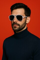 Obraz premium Bearded man in white aviator sunglasses red background