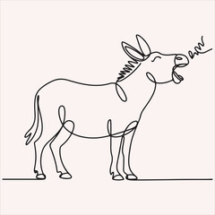 Expressive continuous line art of a braying donkey, capturing vocal communication with minimalist charm and unique style