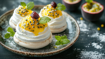 The mini pavlovas are crafted with a delicate meringue shell, generously topped with whipped cream, passion fruit pulp, and garnished with fresh mint leaves for a delightful and flavorful treat