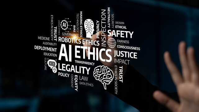 This image visually represents the key principles of AI ethics, focusing on transparency, safety, justice, and legal frameworks crucial for responsible technology governance. Tessel