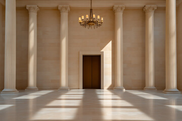Fototapeta premium Grand hall with stately columns, a classic chandelier, and warm sunlight casting shadows across the polished floor, evoking timeless elegance and architectural grandeur.