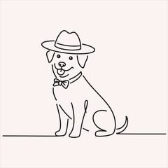 Charming continuous line art illustration of a cheerful dog with a fashionable fedora hat and a dapper bow tie