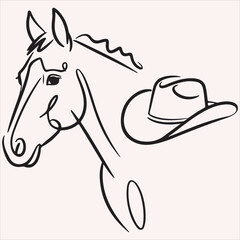 Elegantly Outlined Horse Head with Cowboy Hat Illustration