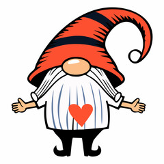 whimsical striped-hat gnome with heart-emblazoned shirt and flowing white beard, charming figure; product art for greeting cards, gift tags, and holiday packaging