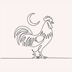 A single continuous line drawing of a proud rooster greeting the dawn with a crescent moon above