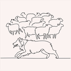One line drawing of a dog herding sheep in a minimalist style for illustrative purposes