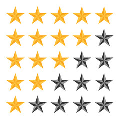 Gold and silver star rating icons vector set representing quality, review, ranking, and performance evaluation. Perfect for websites, apps, feedback systems, awards, and achievement graphics.
