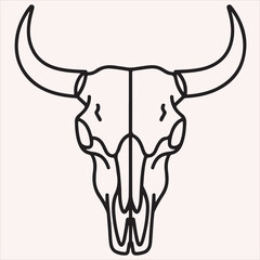Simple line art illustration of a bull skull with horns, stylized drawing of a cow skull for western themes