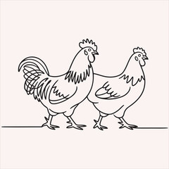 Line art illustration of a rooster and hen walking, perfect for farm-related designs