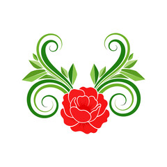 Red Floral Ornament with Green Swirls and Leaves – Decorative Botanical Element Isolated on White