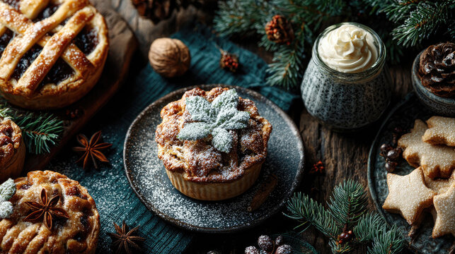 Festive holiday sweets artfully displayed on weathered wooden surface, including mince pies, fruitcake, cookies with evergreen sprigs and dusting of powdered sugar - Powered by Adobe