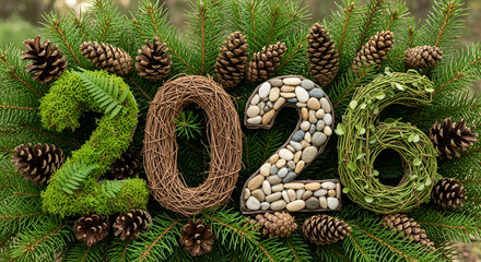 Numbers 2026 made of pine branches and natural materials, symbolizing New Year and eco-friendly concepts