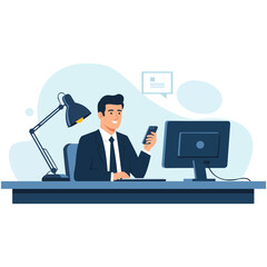 Creative design man in suit working on computer and phone at desk with lamp, modern office illustration