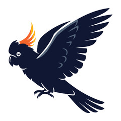 Creative design black cockatoo bird with orange crest flying with wings spread