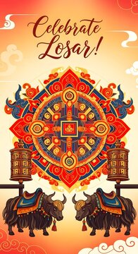 Celebrate losar with colorful mandala design, traditional tibetan prayer wheels, and decorated yaks for festive poster creation