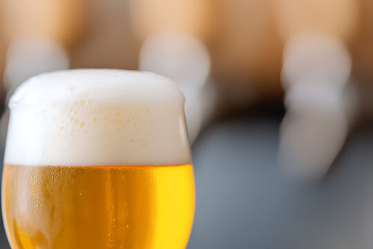 A refreshing beer, perfect for summer days. The beer is in a glass and has a thick head of foam. The beer is a golden color and looks very inviting. Enjoy responsibly!