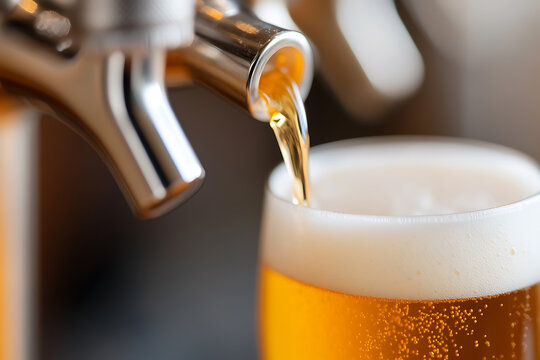 Craft refreshment: A beer tap pours golden liquid into a glass. The frosty beverage is a perfect treat after a long day. Cheers to good times! Enjoy the moment. - Powered by Adobe